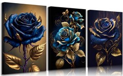 3pcs Blue And Gold Rose Canvas Wall Art Elegant Blooming Rose Floral Pictures…