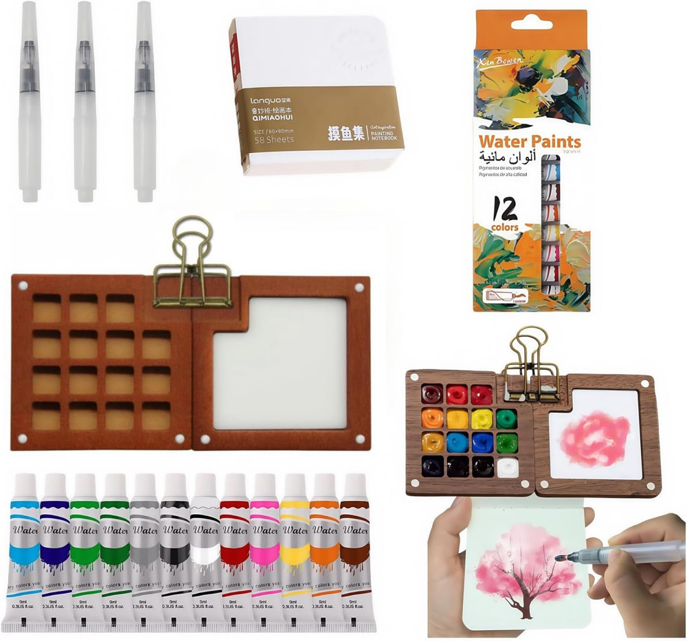 Mini Watercolor Paint Set – Pocket Watercolor Set with 3 Pack Watercolor Brushes