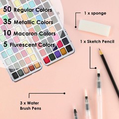 100 Colors Watercolor Paint Set – 50 Regular, 35 Metallic, 10 Macaron and 5 F…