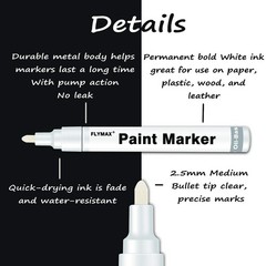 White Paint Pens, 6 Pack 2.5mm Medium Tip White Paint Marker Permanent for Wo…