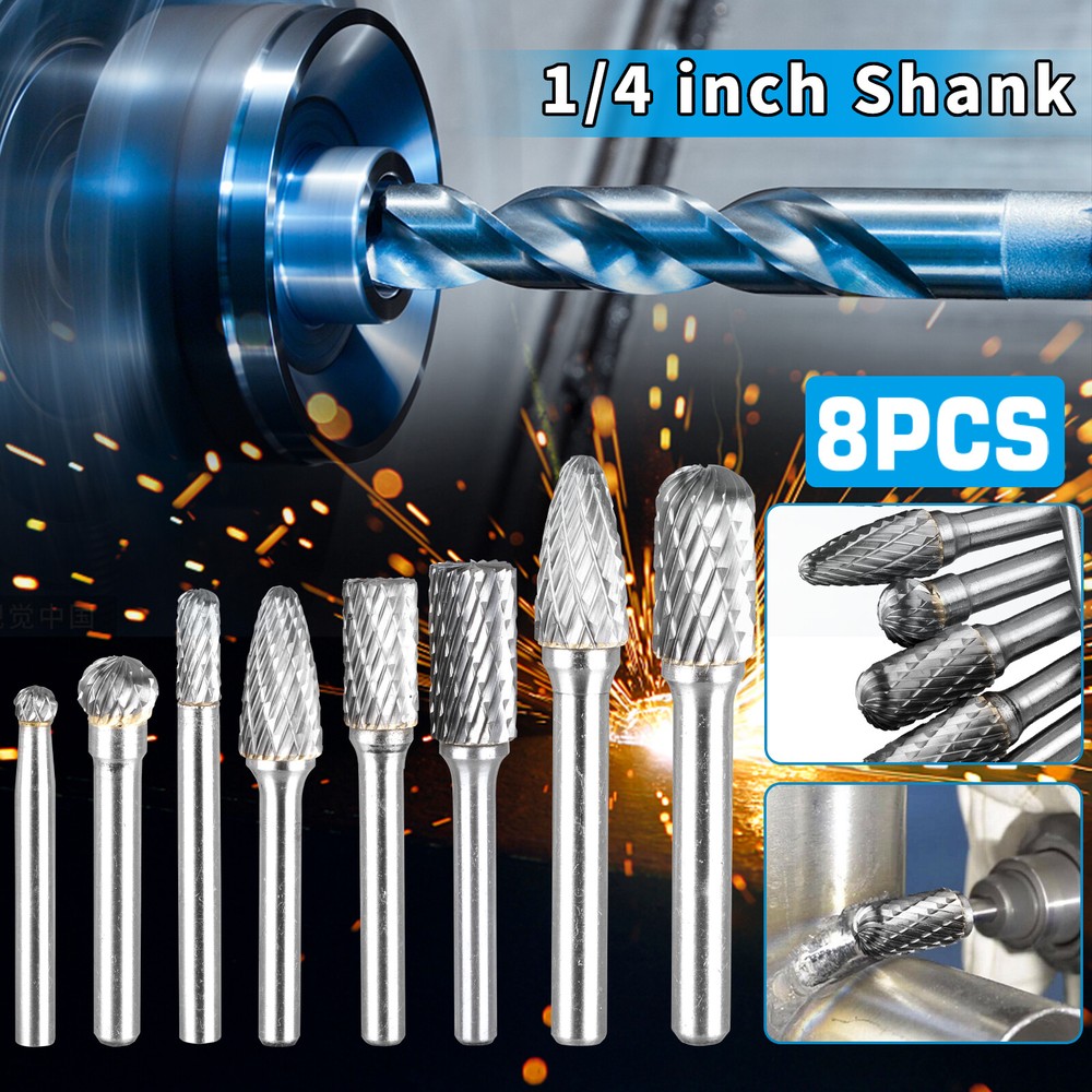 8Pcs Tungsten Carbide Burrs 8mm Rotary Burr Set Head 1/4” Shank Die Grinder Bit
