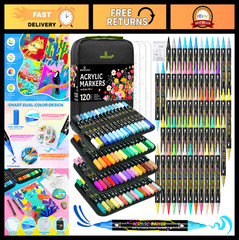 120 Colors Dual-Tip Acrylic Paint Markers Set – Permanent Soft Brush Pens for DI