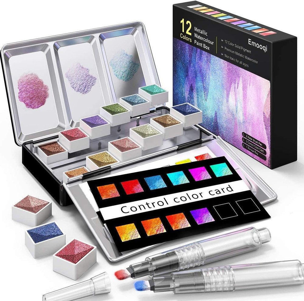 Watercolor Paints Set, Metallic Glitter Watercolour Solid Paint Include 12 Metal