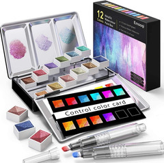 Watercolor Paints Set, Metallic Glitter Watercolour Solid Paint Include 12 Metal