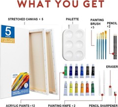 Painting Kit Includes Acrylic Paint Set, 10x20in. Canvases, Brushes, Palette..