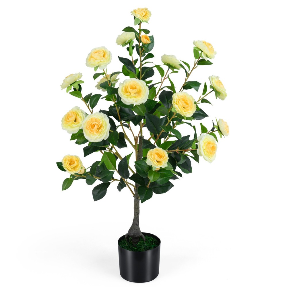 Artificial Camellia Tree Faux Flower Plant in Cement-Filled Pot-Yellow