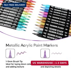 Pagather 24 Metallic Colors Acrylic Paint Markers, Dual Tip with Fine Tip and Br