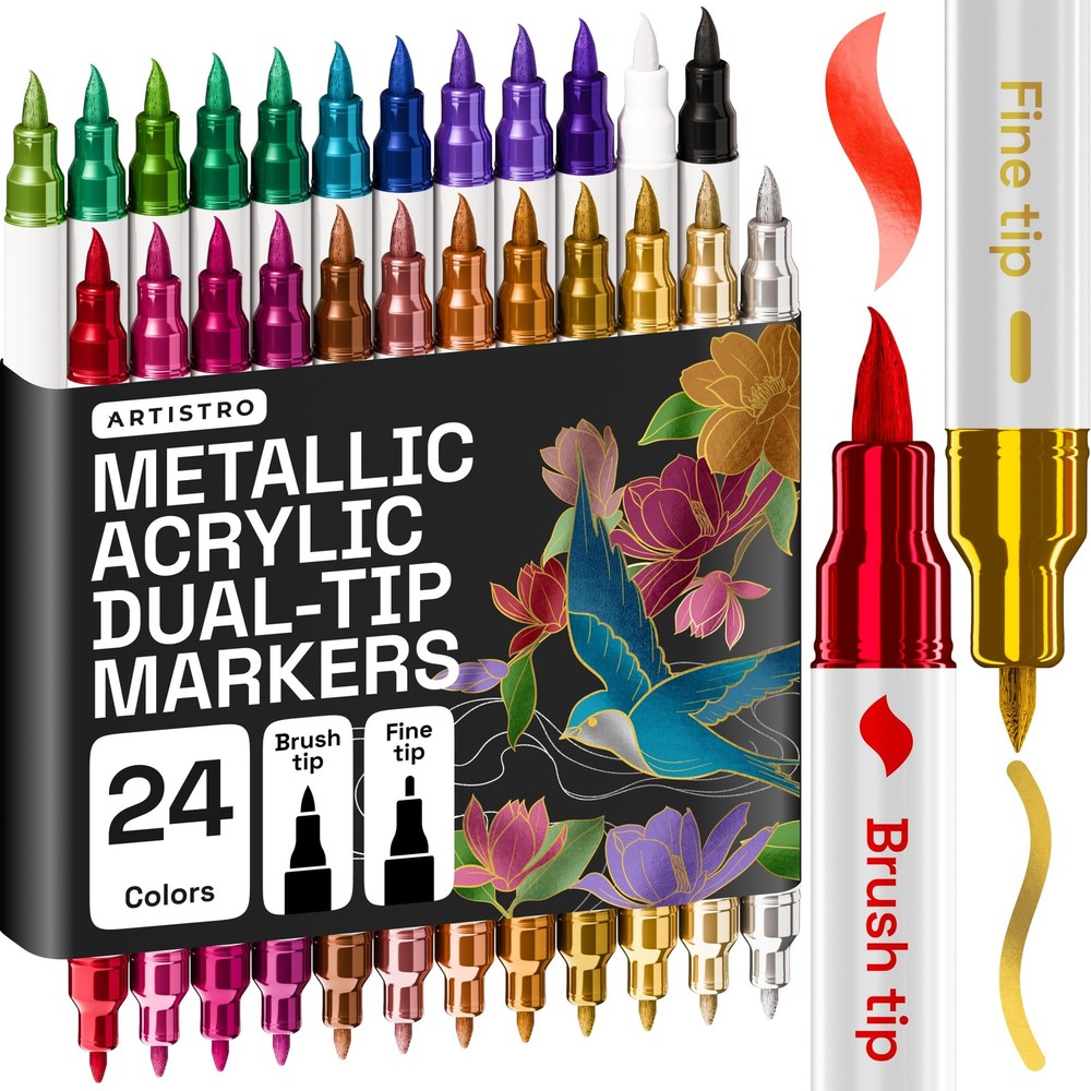 24 Metallic Acrylic Paint Markers Pens Brush Fine Tips Fabric Rock Glass Wood
