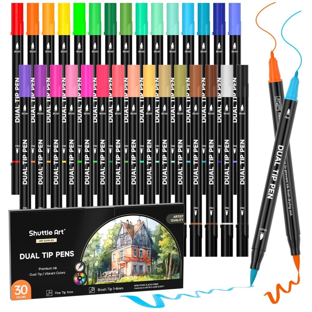Fine and Brush Tip Markers – 30 Colors