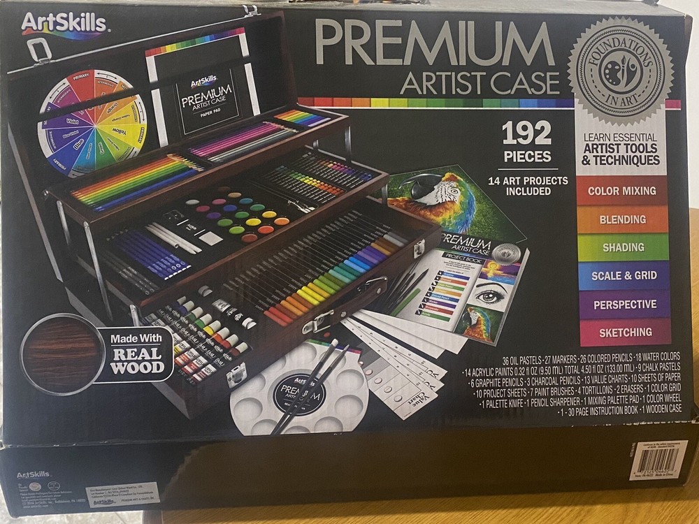 New 192 Piece Art Set Wood Case Deluxe Wooden Box Artist Premium Drawing Kit