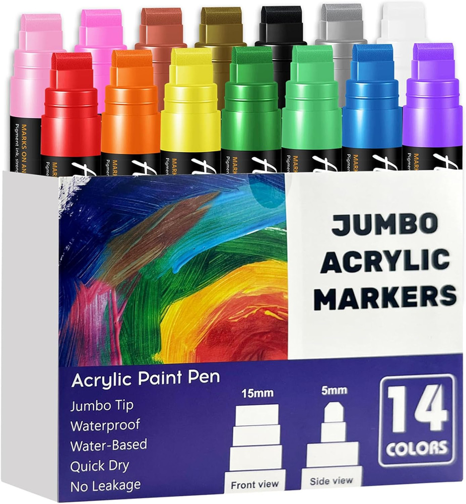 14 Colors Jumbo Markers, Jumbo Acrylic Paint Markers 15Mm Wide Felt Tip Permanen