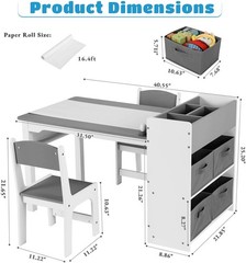 Arlopu Kids Art Table with 2 Chairs GreyLargeWoodToddler ActivityDeskforPainting