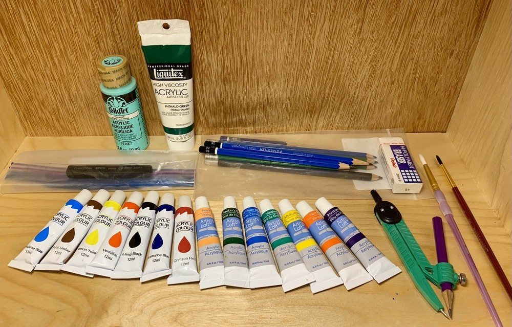 Acrylic Paint And Supplies Lot(16) New Tubes -1 Pencils Brushes Compass Charcoal