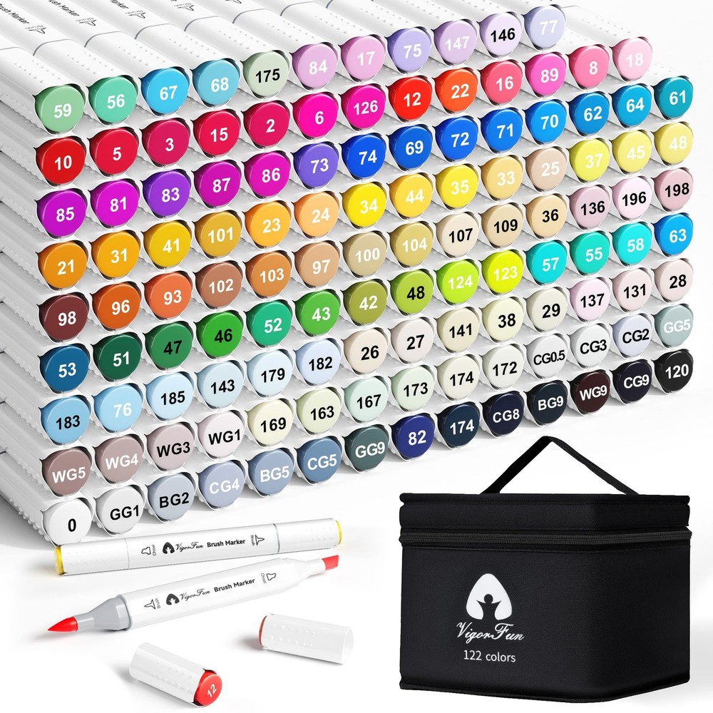 VigorFun Alcohol Markers Brush Tip, 122 Colors Dual Tip Artist Brush & Chisel…