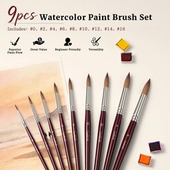 Sable Hair Watercolor Brushes Professional,9pcs Round Detail Watercolor Paint…