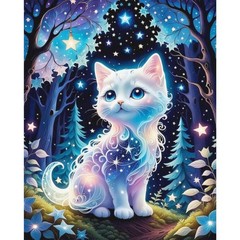 Cat Paint by Numbers Kit for Adults Beginner-Cat Forest Landscape Adult Paint by