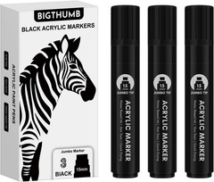 3 Pcs Black Jumbo Permanent Markers: 15Mm Wide Tip Thick Acrylic Paint Pen Large