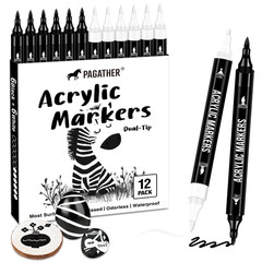 Pagather Black and White Acrylic Paint Markers, 12 Pack Dual Tip with Fine Tip