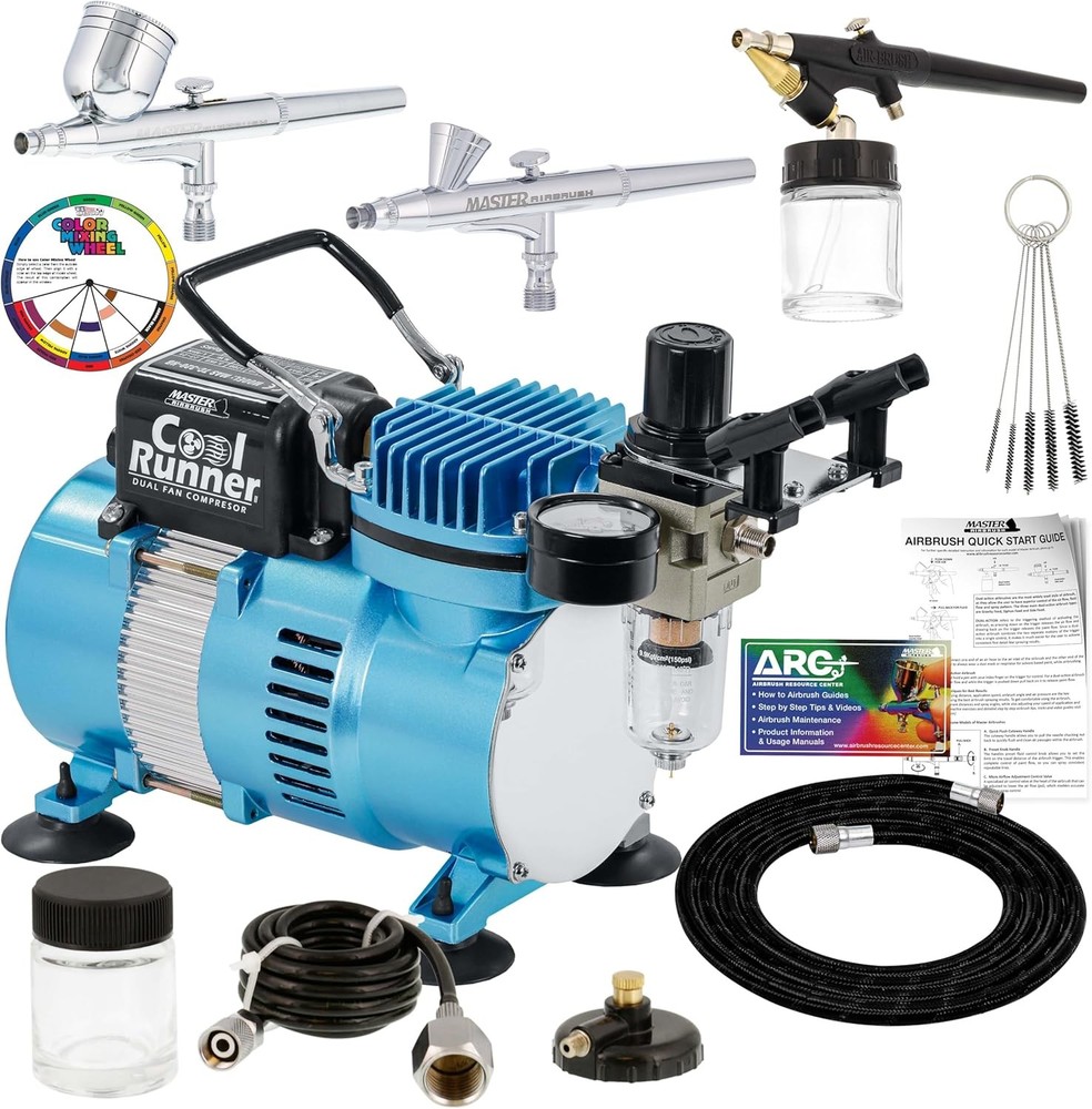 Airbrush Compressor Kit Master Cool Runner II Dual Fan 3 Brushes