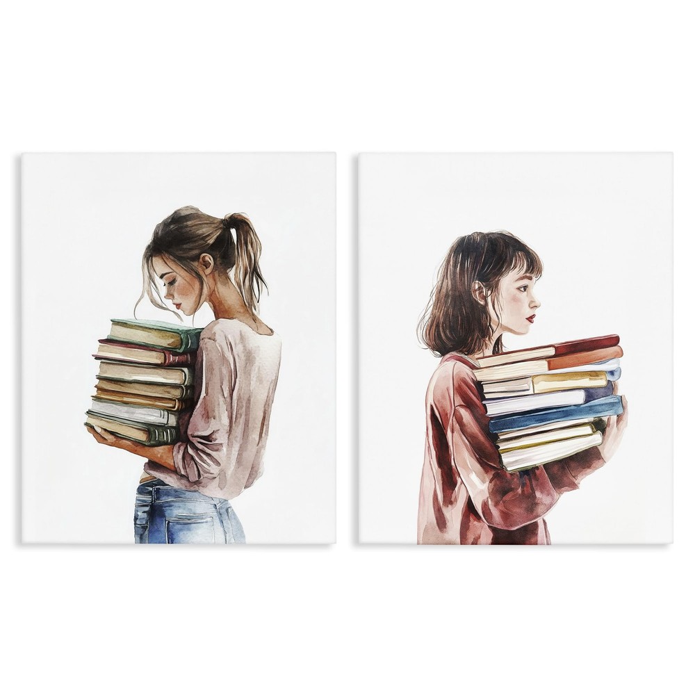 Girls and Library Book, 16 x 20 Inch Canvas Wall Art Set