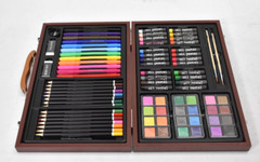 Personalized Faux Wood Case 80 Piece Art Set w Branded Name Walnut Storage