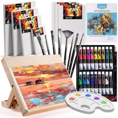 Acrylic Art Set with 18 Acrylic Paints, 8 Brushes, 4 Stretched Canvas, 1Woode…