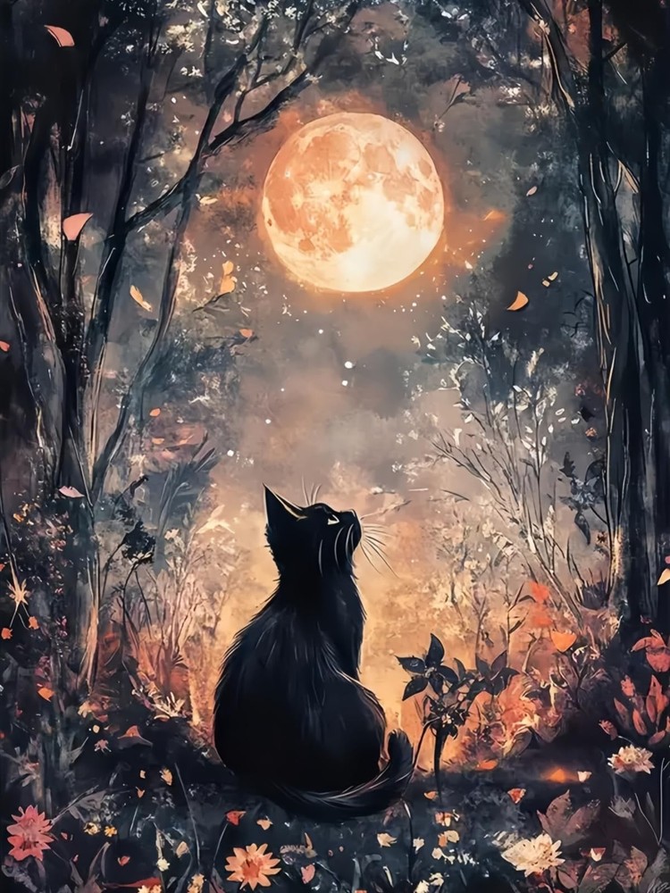 Black Cat Moon 5D DIY Diamond Painting Kits for 11.8 x 15.7 inches, KM563-1