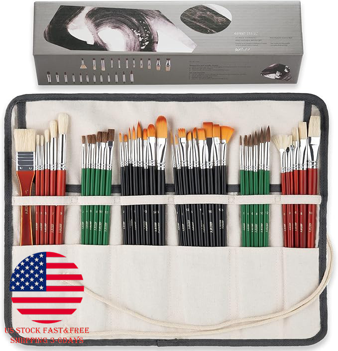 ARTIFY 41 Pieces Long Handle Paint Brushes Set Includes a Carrying Canvas Roll