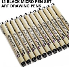 Micro Fineliner Drawing Art Pens 12 Black Fine Line Waterproof Ink Set Artist