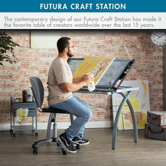 Adjustable Futura Crafting & Drafting Table with Silver/Blue Glass Top