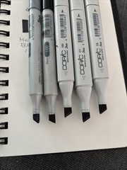 5 Copic Markers Double Tipped, Black, Gray, 2 W/ Brush Ends Excellent Condition