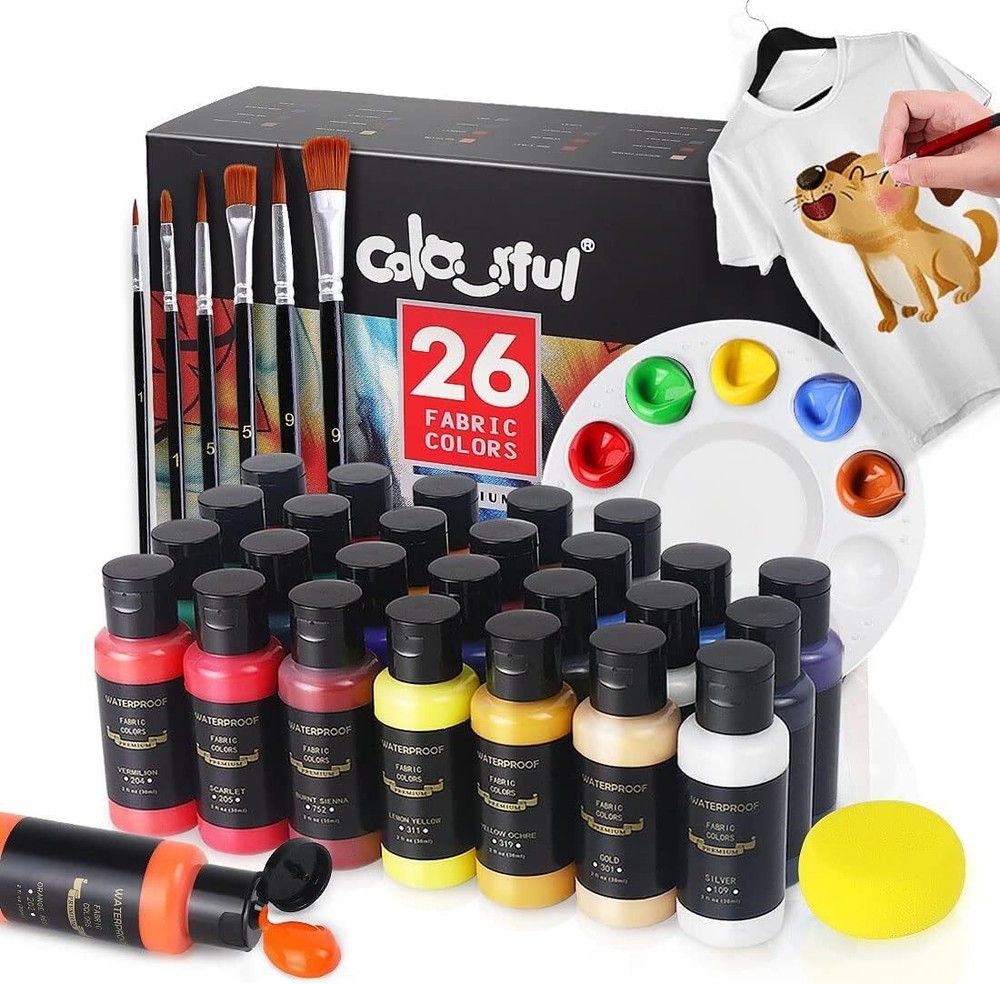 Fabric Paint Set with 6 Brushes, 1 Palette, 26 Colors Waterproof Permanent Texti
