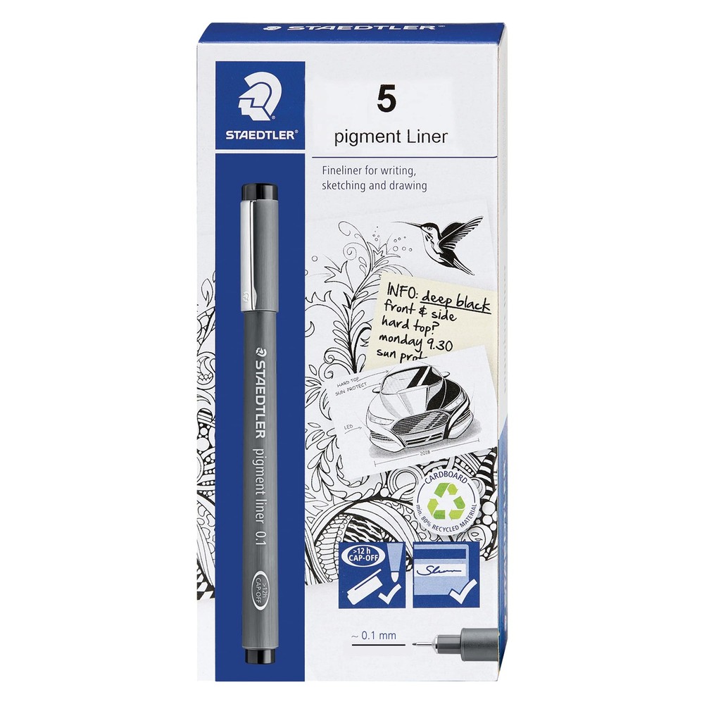 Fineliner Pen 0.1mm Black Box of 5 Staedtler Pigment Liner 308 01-9M Drawing