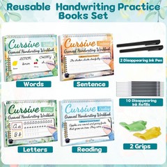 4 PCS Grooved Cursive Handwriting Workbook Kit Magic Reusable Ink Pens Kids