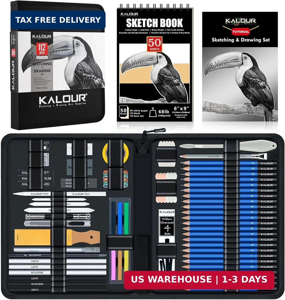KALOUR PDAS 112 Drawing Set Sketch Kit, Pro Art Supplies with 3-Color Sketchbook