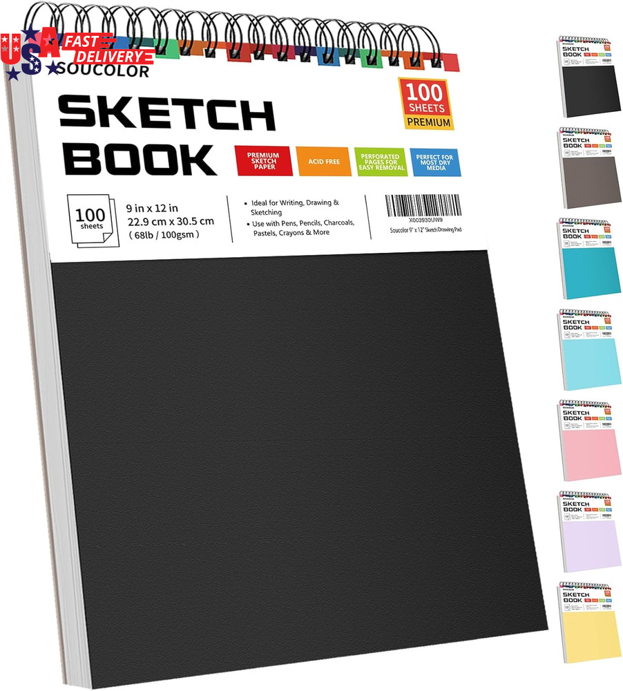 9″ X 12″ Sketch Book, 100 Sheets Top Spiral Bound Sketchbook with Acid-Free 68Lb