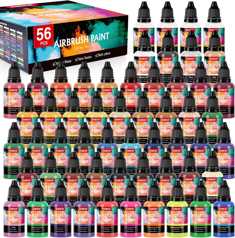 ESRICH Airbrush Paint 52 Colors (1 Oz) with 4 Thinner,Air Brush Painting Set Acr