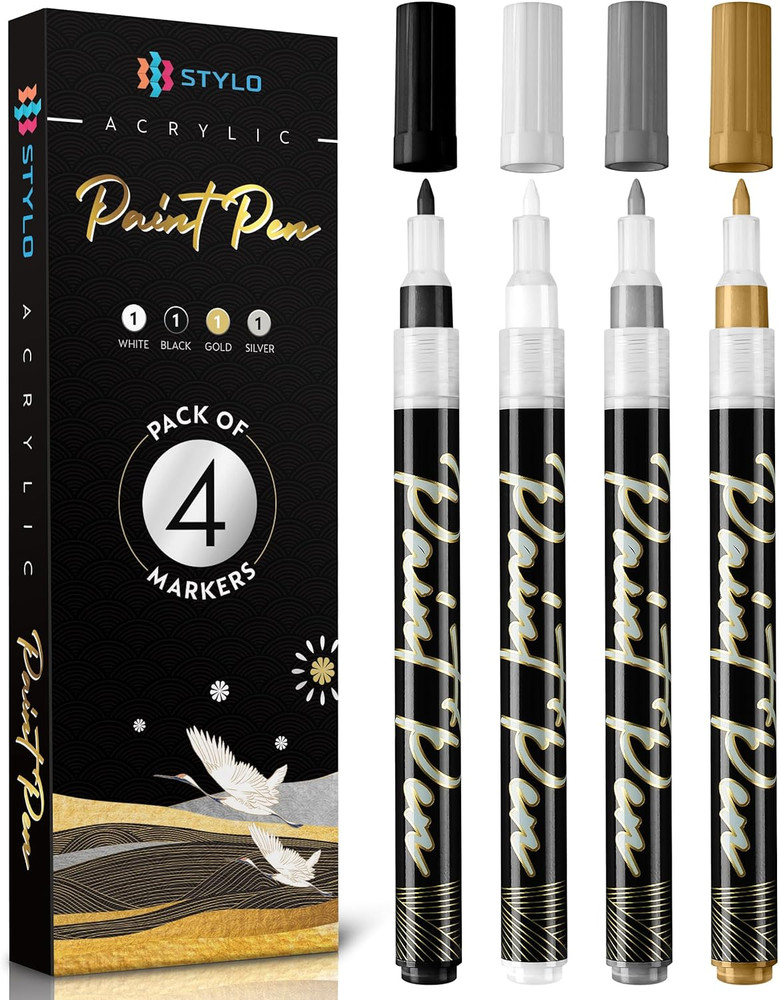 Stylo 4 Count Acrylic Metallic Pens – Black, Gold, Silver and White Paint Pens –