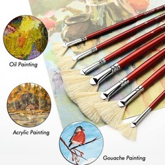Fan Brush Set 7 Piece Hog Bristle Natural Hair Oil Acrylic Painting Wood Handle