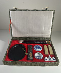 Chinese Calligraphy Set Box w/ Brushes, Ink Stick, Inkstone, Seals