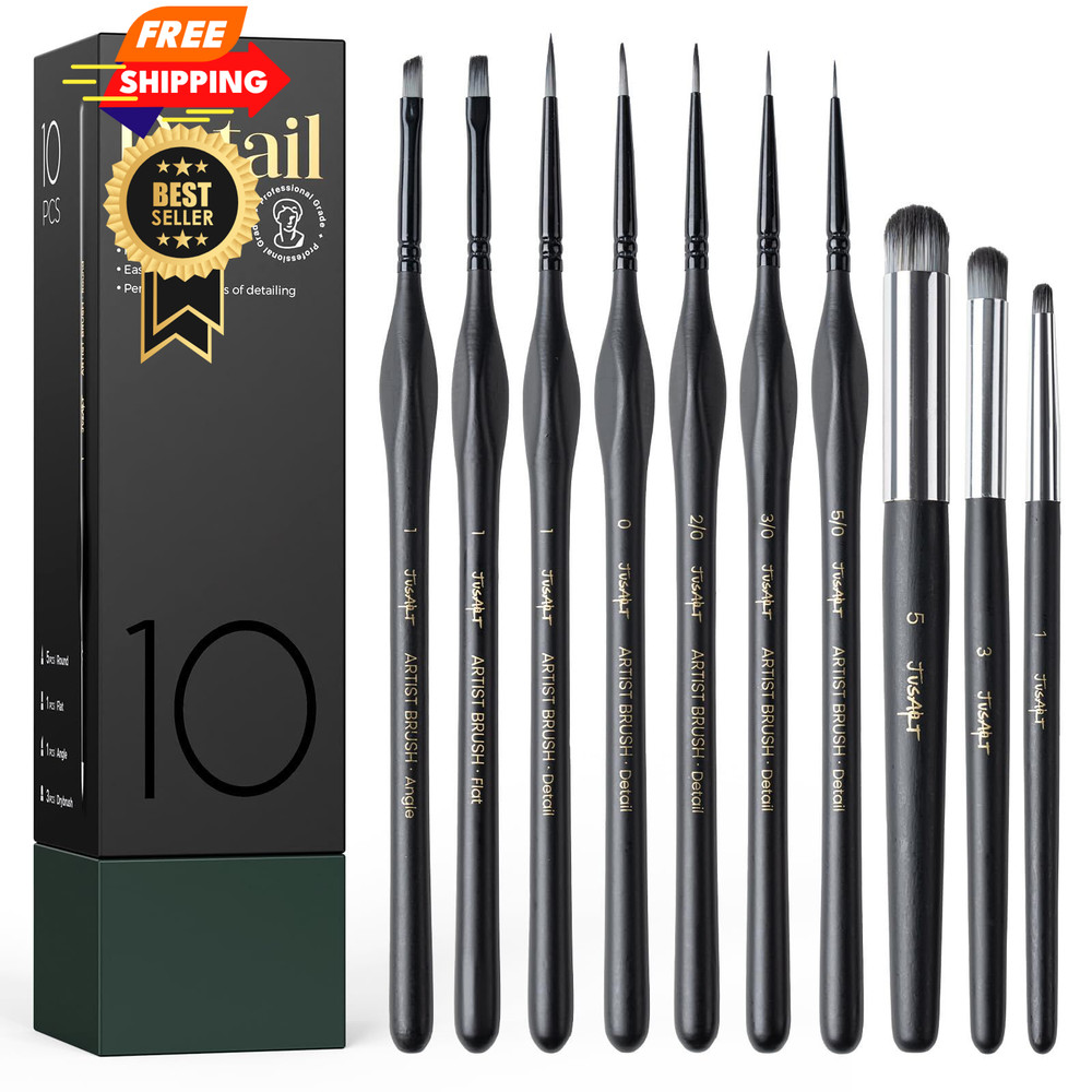 JusArt 10-Piece Detail Paint Brush Set, Miniature 5/0, 3/0, 2/0, 0, 1, Black