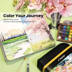 24 Colors Mini Watercolor Travel Set, Portable Watercolor Kit with Water Brus…