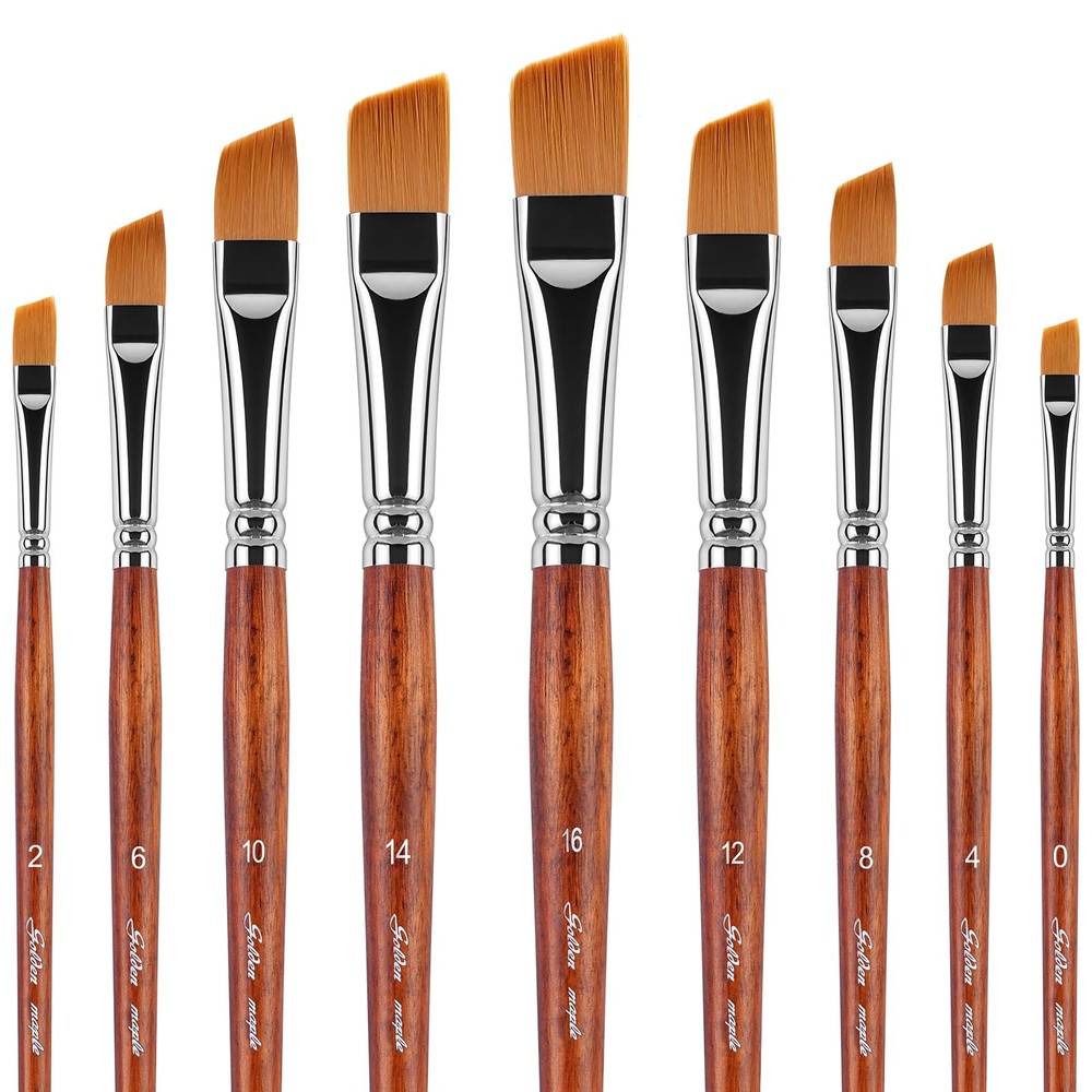 Golden Maple Angular Paint Brushes, 9PC Oblique Tip Nylon Hair 9BZ, Bronze