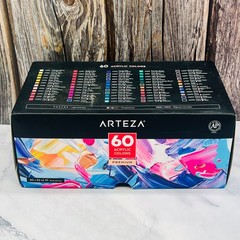 Arteza Acrylic Paint, Set of 60 Colors/Tubes (0.74 oz, 22 ml) with Storage Box