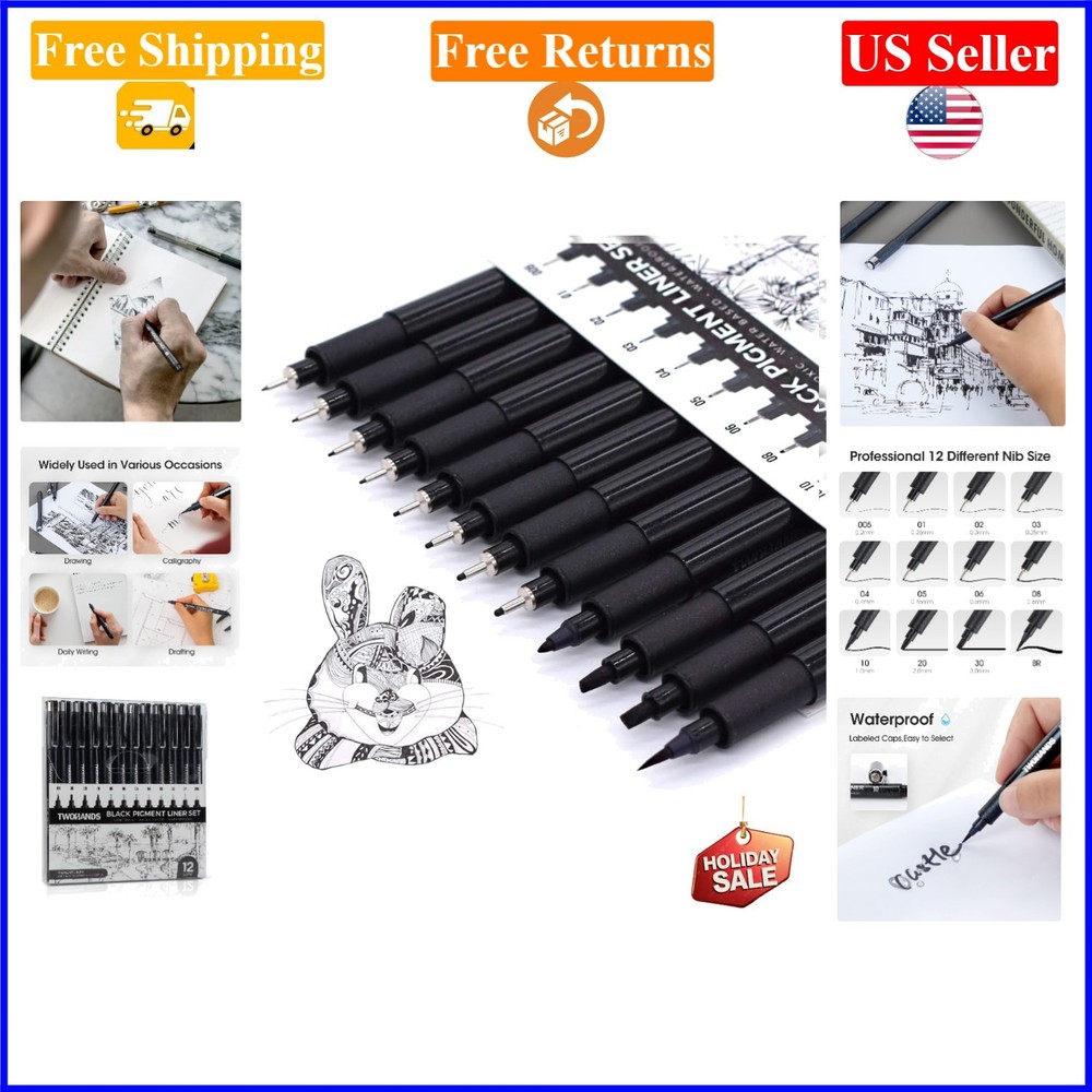12 Pack Fine Tip Waterproof Art Ink Pens for Drawing, Sketching