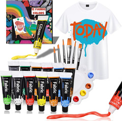 Fabric Acrylic Paint Set, 12 Vivid Colors with 6 Brushes & Palette, Fast-Drying