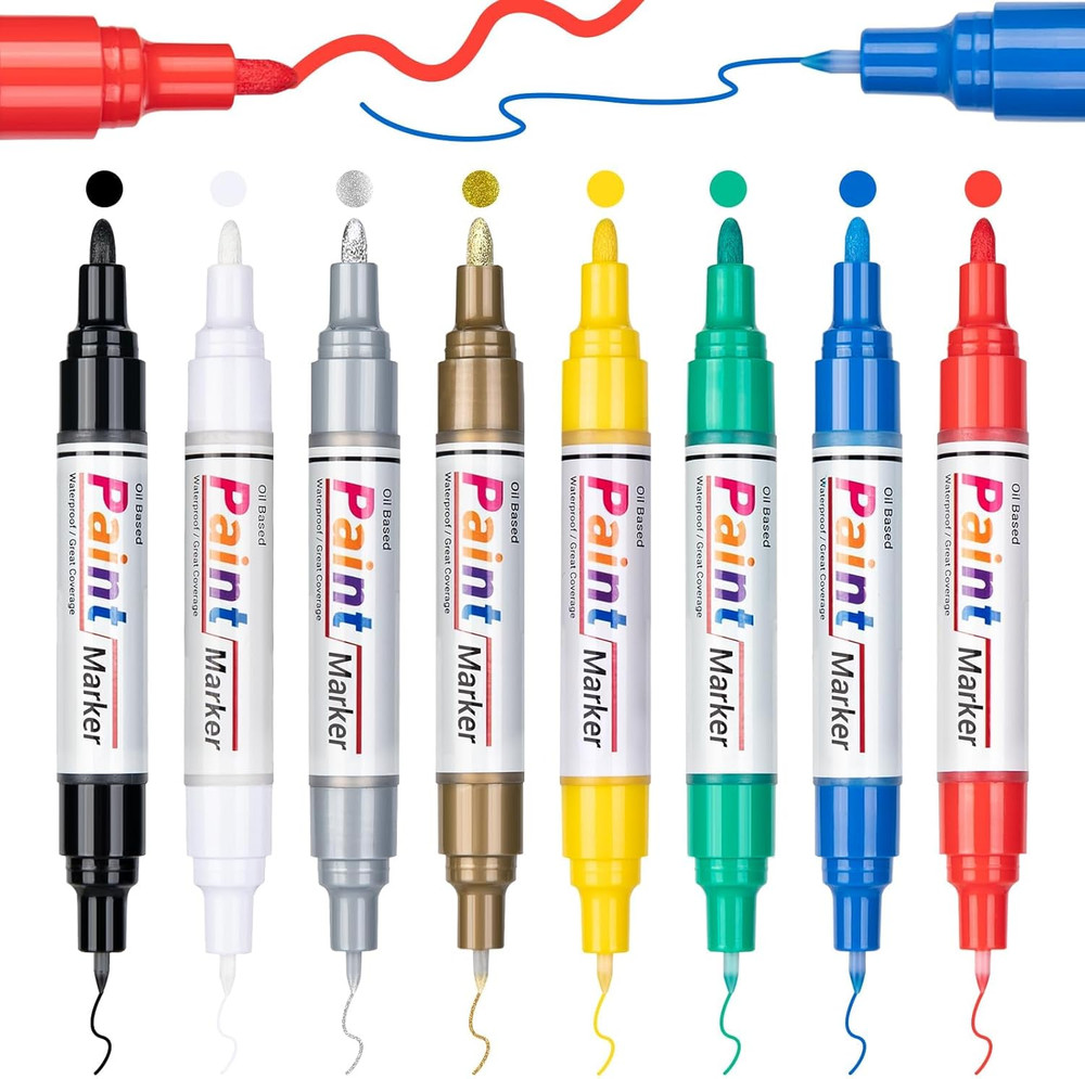 Oil Based Paint Markers, 8 Colors Dual Tip Paint Pens Paint Markers(0.7mm & 3mm)