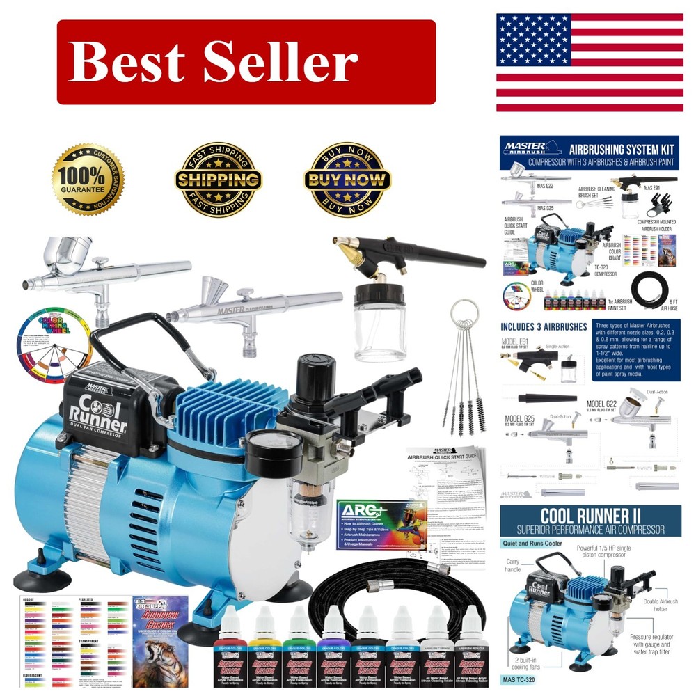 Cool Runner II Professional Air Brush Kit – Dual Fan Compressor, 3 Airbrushes