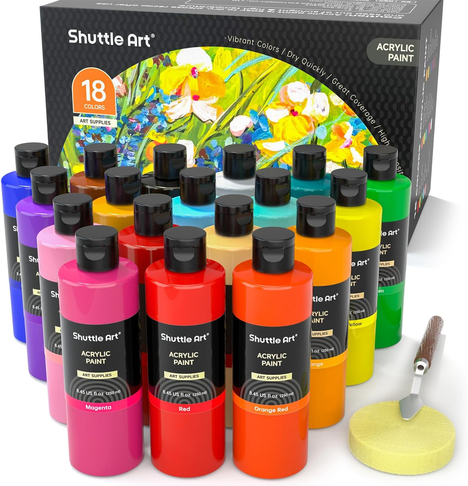 18 Colors Acrylic Paint Bottle Set (250Ml/8.45Oz), Rich Pigmented Bulk Painting
