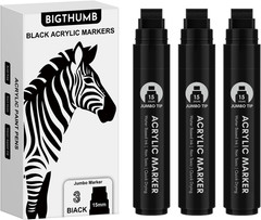 BIGTHUMB 3 Pcs Black Jumbo Permanent Markers: 15Mm Wide Tip Thick Acrylic Paint